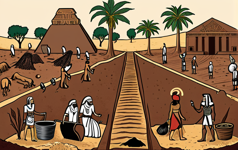 **Prompt:** A timeless illustration showcasing the ancient roots of composting. In the foreground, hands from different historical eras (e.g., ancient Egyptian, Mayan, Roman) are seen intuitively returning organic matter to the earth, creating a dark, fertile soil. The background hints at early agricultural practices, symbolizing the deep, intuitive human understanding of natural cycles and sustainability long before modern terms existed. The mood should be one of profound wisdom and connection to nature.