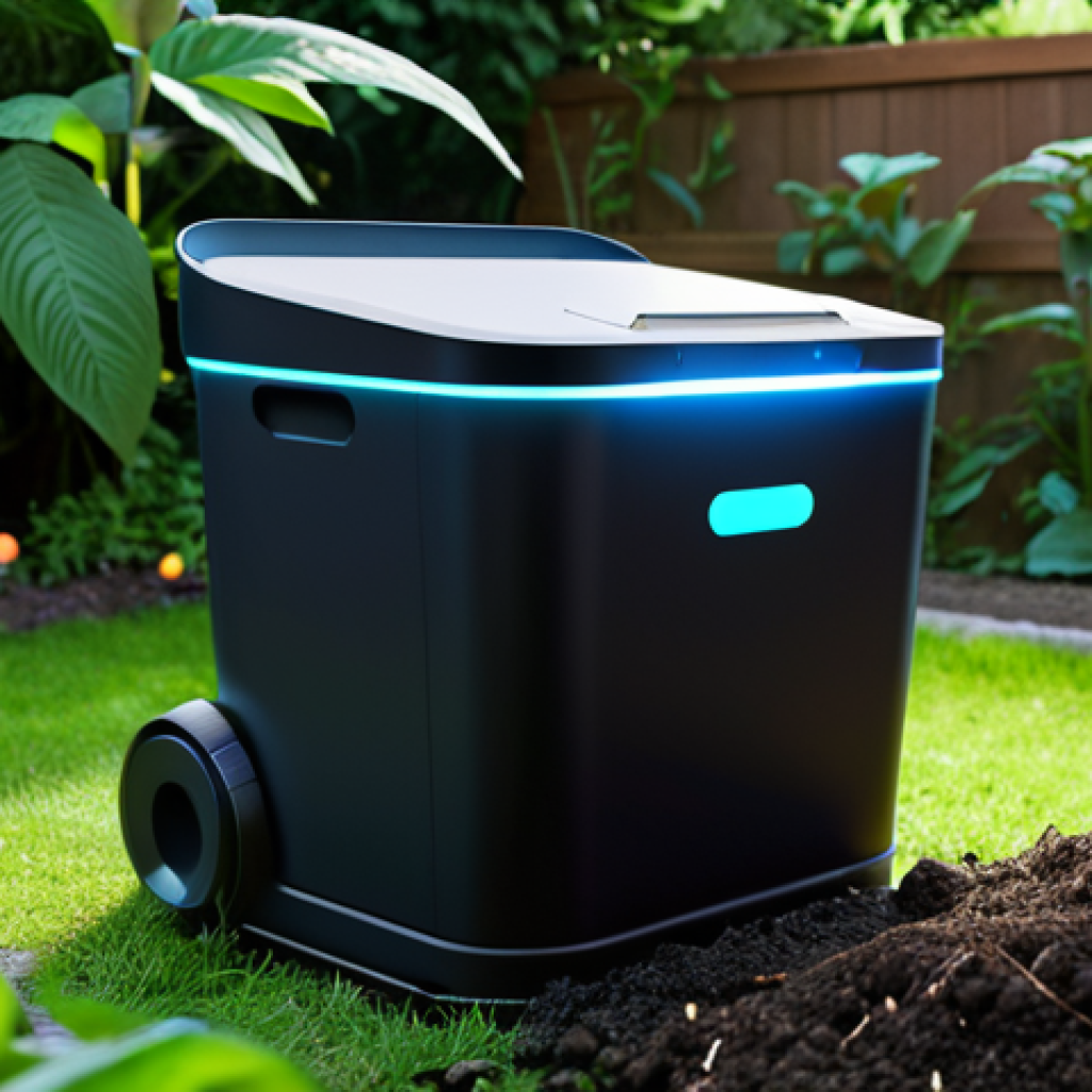 **A futuristic compost bin with sensors glowing, displaying data on a smartphone app. In the background, a lush garden flourishes, highlighting the benefits of optimized composting.** (Focus: Smart composting technology and its positive impact)