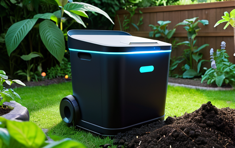 **A futuristic compost bin with sensors glowing, displaying data on a smartphone app. In the background, a lush garden flourishes, highlighting the benefits of optimized composting.** (Focus: Smart composting technology and its positive impact)