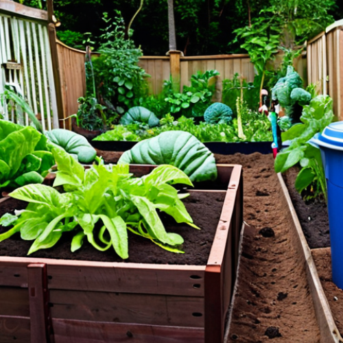 **Lush Vegetable Garden with Compost:** Vibrant, colorful vegetable garden flourishing, with a visible compost bin or pile in the background. Focus on healthy plants, rich soil, and the overall abundance of the garden, emphasizing the link between composting and plant growth. "Organic garden, flourishing plants, compost bin, rich soil, sustainability, vibrant colors, close-up."