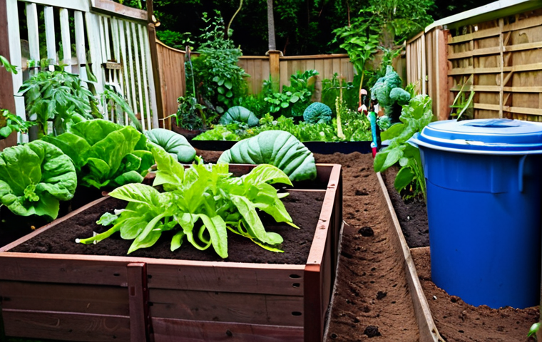 **Lush Vegetable Garden with Compost:** Vibrant, colorful vegetable garden flourishing, with a visible compost bin or pile in the background. Focus on healthy plants, rich soil, and the overall abundance of the garden, emphasizing the link between composting and plant growth. "Organic garden, flourishing plants, compost bin, rich soil, sustainability, vibrant colors, close-up."