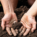 "Close-up of hands (gender neutral) gently sifting through dark, rich, crumbly soil in a lush Bavarian home garden. The soil should appear vibrant and alive, with visible signs of health like strong plant roots intertwining within it. In the soft background, healthy, thriving vegetables (e.g., tomatoes, potatoes) and a well-maintained compost pile are visible. The scene should evoke a sense of deep connection to nature, the transformative power of composting, and the joy of gardening in a German setting."