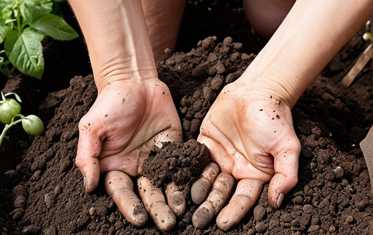 "Close-up of hands (gender neutral) gently sifting through dark, rich, crumbly soil in a lush Bavarian home garden. The soil should appear vibrant and alive, with visible signs of health like strong plant roots intertwining within it. In the soft background, healthy, thriving vegetables (e.g., tomatoes, potatoes) and a well-maintained compost pile are visible. The scene should evoke a sense of deep connection to nature, the transformative power of composting, and the joy of gardening in a German setting."