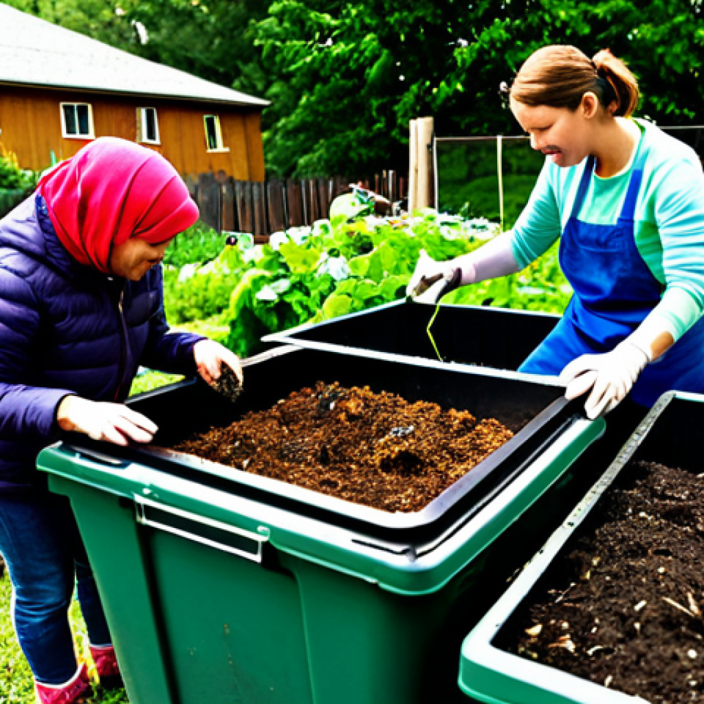 A diverse group of community members, including adults and children, fully clothed in modest, practical outdoor attire, cooperatively managing a vibrant urban community composting site. The scene is set in a sunny, green urban community garden with neatly organized compost bins, raised garden beds, and thriving plants. Tall city buildings are visible in the soft background. One adult is carefully adding kitchen scraps to a compost bin, another is gently turning the compost with a fork, while a child, supervised by an adult, points curiously at a earthworm in the dark, rich compost. The atmosphere is collaborative and educational. Professional photography, high detail, natural lighting, perfect anatomy, correct proportions, natural poses, well-formed hands, proper finger count, natural body proportions, safe for work, appropriate content, fully clothed, modest, family-friendly.