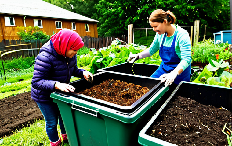 A diverse group of community members, including adults and children, fully clothed in modest, practical outdoor attire, cooperatively managing a vibrant urban community composting site. The scene is set in a sunny, green urban community garden with neatly organized compost bins, raised garden beds, and thriving plants. Tall city buildings are visible in the soft background. One adult is carefully adding kitchen scraps to a compost bin, another is gently turning the compost with a fork, while a child, supervised by an adult, points curiously at a earthworm in the dark, rich compost. The atmosphere is collaborative and educational. Professional photography, high detail, natural lighting, perfect anatomy, correct proportions, natural poses, well-formed hands, proper finger count, natural body proportions, safe for work, appropriate content, fully clothed, modest, family-friendly.