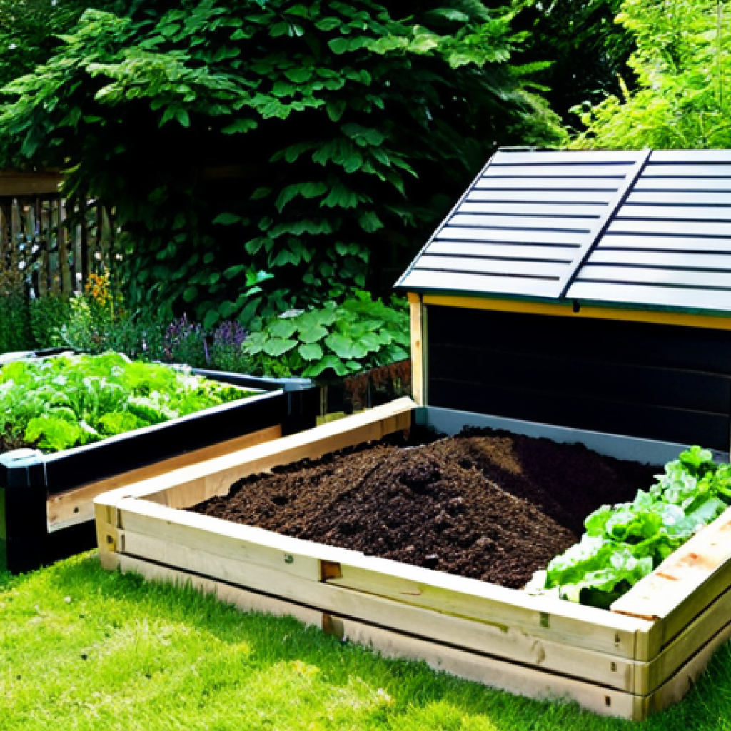 The Ideal Compost Location**
A well-organized compost bin nestled in a lush, half-shaded German garden. The bin is partially constructed from natural wood and partially open, revealing layers of composting material. Around the bin, vibrant green plants and vegetables thrive. The compost area is clean and aesthetically pleasing, demonstrating integration into a well-maintained garden space. The overall impression is one of ecological harmony and sustainable gardening practices. Fully clothed individuals are tending the compost. safe for work, appropriate content, fully clothed, professional, natural proportions, family-friendly.
**