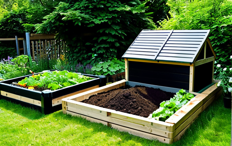 The Ideal Compost Location**
A well-organized compost bin nestled in a lush, half-shaded German garden. The bin is partially constructed from natural wood and partially open, revealing layers of composting material. Around the bin, vibrant green plants and vegetables thrive. The compost area is clean and aesthetically pleasing, demonstrating integration into a well-maintained garden space. The overall impression is one of ecological harmony and sustainable gardening practices. Fully clothed individuals are tending the compost. safe for work, appropriate content, fully clothed, professional, natural proportions, family-friendly.
**