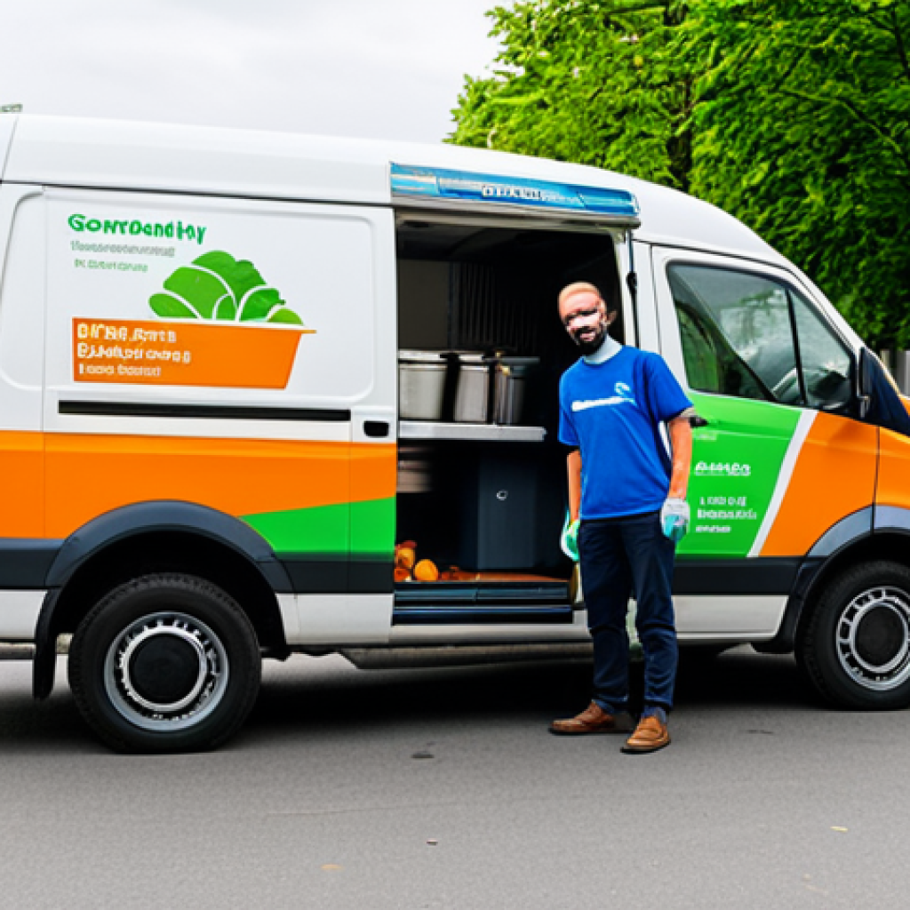 Innovative Composting Business Model**
"A brightly colored food waste collection service van, operated by a diverse team of fully clothed individuals in appropriate work attire, making a stop in a vibrant Berlin neighborhood. The van is branded with a logo suggesting sustainability and community involvement. In the background are community gardens thriving from the compost. Safe for work, appropriate content, professional, perfect anatomy, correct proportions, natural pose."
**
