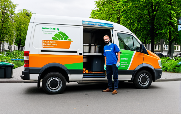 Innovative Composting Business Model**
"A brightly colored food waste collection service van, operated by a diverse team of fully clothed individuals in appropriate work attire, making a stop in a vibrant Berlin neighborhood. The van is branded with a logo suggesting sustainability and community involvement. In the background are community gardens thriving from the compost. Safe for work, appropriate content, professional, perfect anatomy, correct proportions, natural pose."
**