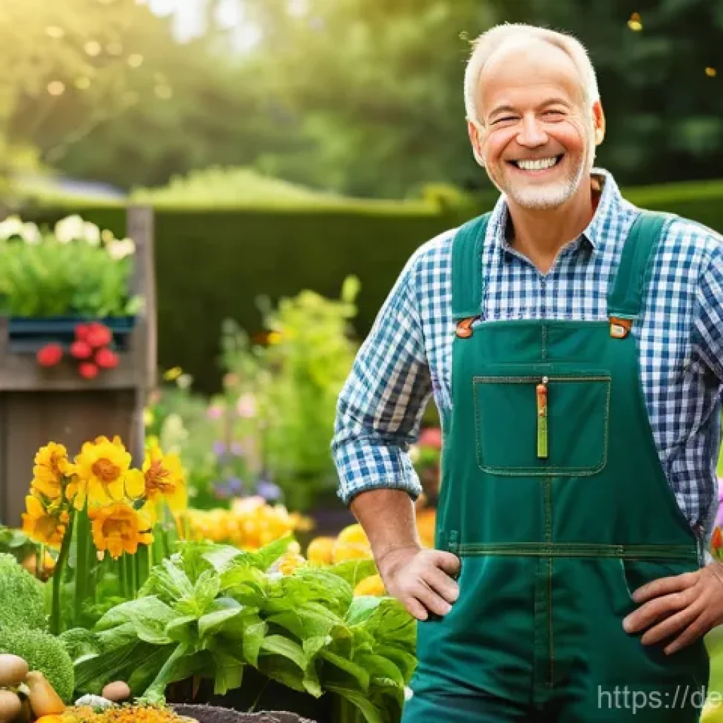 퇴비화 시스템 구축을 위한 정부 지원 사례 - A joyful adult gardener, wearing practical gardening overalls and sturdy boots, stands in a vibrant,...