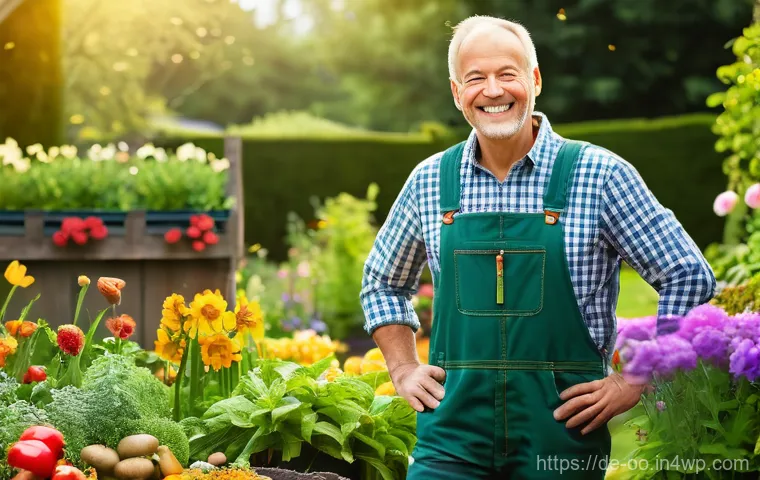 퇴비화 시스템 구축을 위한 정부 지원 사례 - A joyful adult gardener, wearing practical gardening overalls and sturdy boots, stands in a vibrant,...