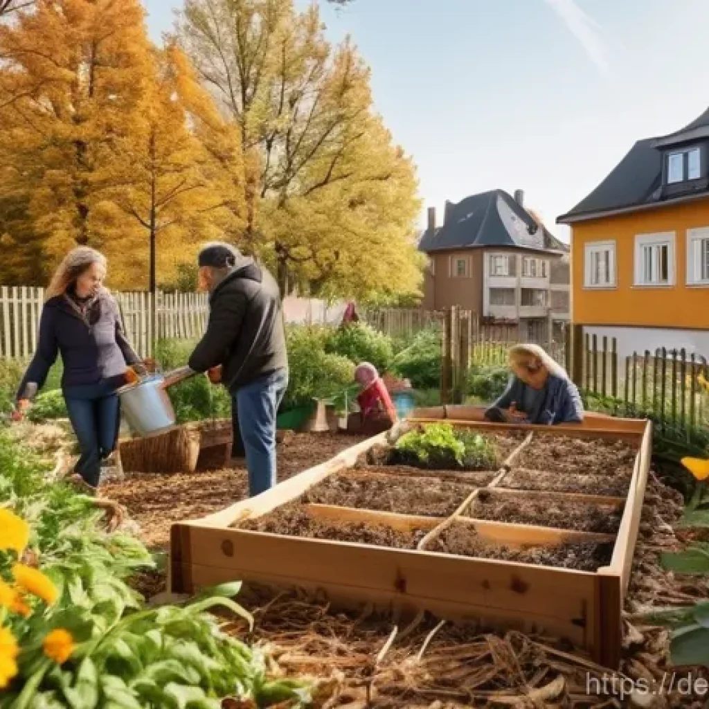 퇴비화 시스템 구축과 지역 사회 발전 - **Prompt:** A vibrant, sun-drenched scene in a communal garden within a German neighborhood. Diverse...