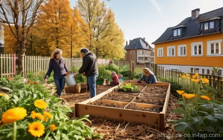 퇴비화 시스템 구축과 지역 사회 발전 - **Prompt:** A vibrant, sun-drenched scene in a communal garden within a German neighborhood. Diverse...