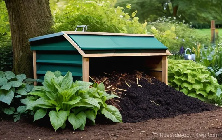 퇴비화 시스템 유지 관리 팁 - **A Serene Garden Compost Haven:** An idyllic, well-maintained compost heap situated in a lush, verd...