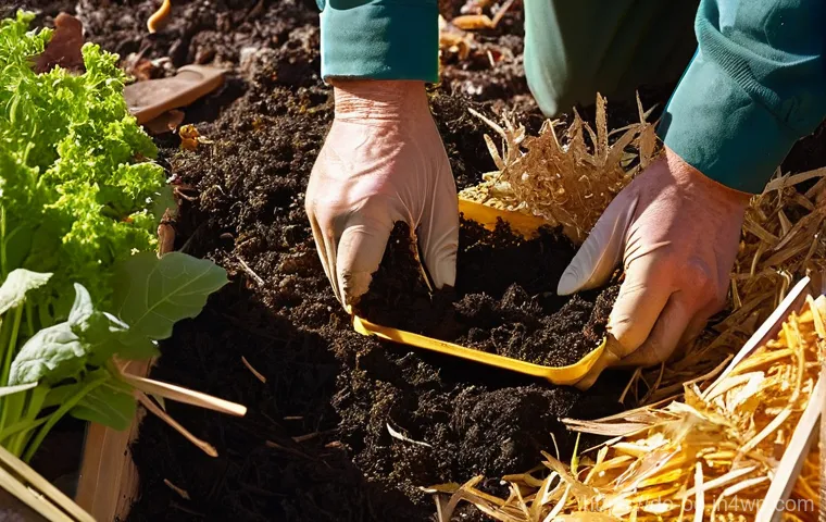 퇴비화 시스템 유지 관리 팁 - **A Serene Garden Compost Haven:** An idyllic, well-maintained compost heap situated in a lush, verd...