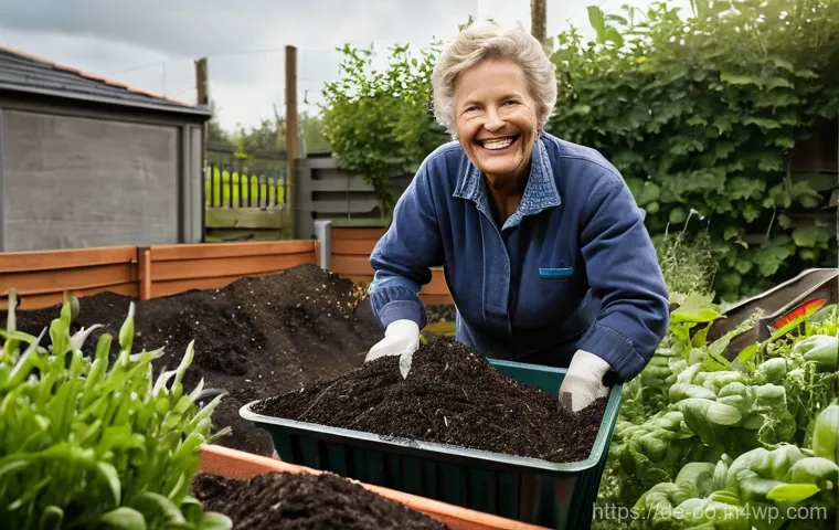 퇴비화 시스템 유지 관리 팁 - **The Art of Layered Composting:** A close-up, dynamic shot of a gardener actively building or turni...