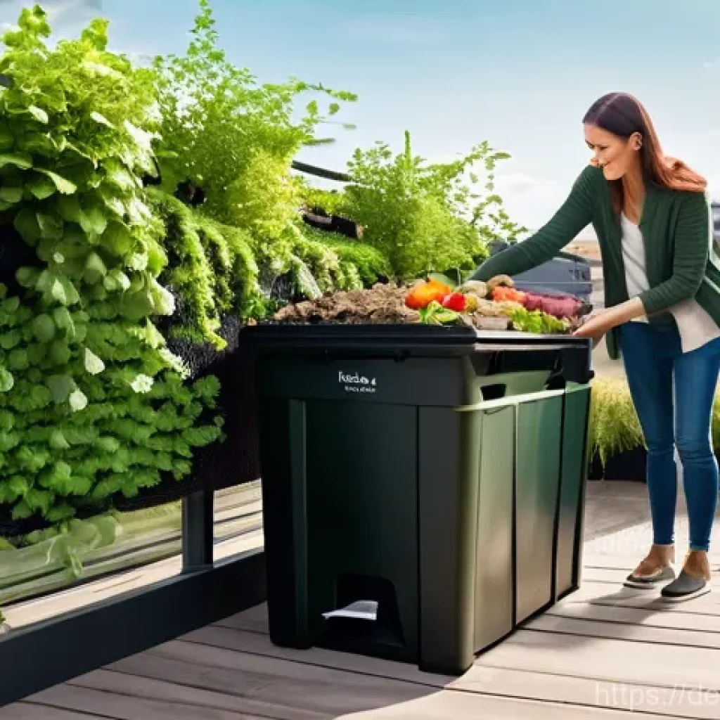퇴비화 시스템 구축에 있어 인식 변화의 필요성 - **Urban Balcony Composting:** A cheerful young adult in a modern, well-lit apartment on a balcony in...