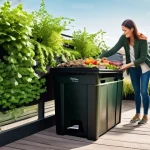 Home 22 퇴비화 시스템 구축에 있어 인식 변화의 필요성 - **Urban Balcony Composting:** A cheerful young adult in a modern, well-lit apartment on a balcony in...