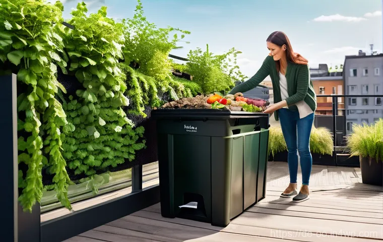 퇴비화 시스템 구축에 있어 인식 변화의 필요성 - **Urban Balcony Composting:** A cheerful young adult in a modern, well-lit apartment on a balcony in...