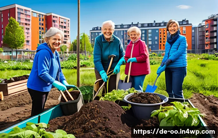 퇴비화 시스템을 위한 자원 봉사 프로그램 - A vibrant urban community garden scene in Berlin during spring, showing diverse adults and elderly v...