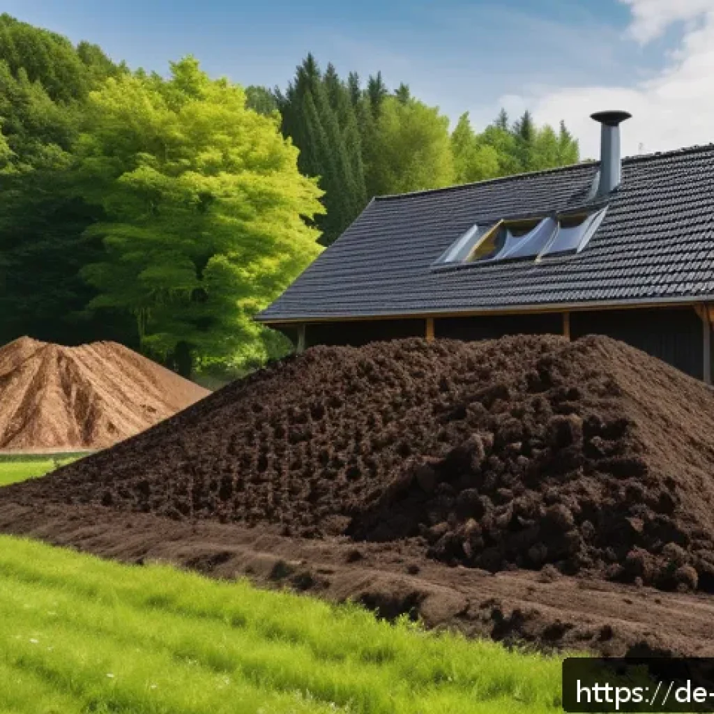 퇴비화 시스템의 지역적 특성 반영 방안 - A detailed outdoor scene of a Bavarian garden during spring, showcasing a large compost pile aerated...