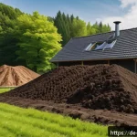 Home 19 퇴비화 시스템의 지역적 특성 반영 방안 - A detailed outdoor scene of a Bavarian garden during spring, showcasing a large compost pile aerated...