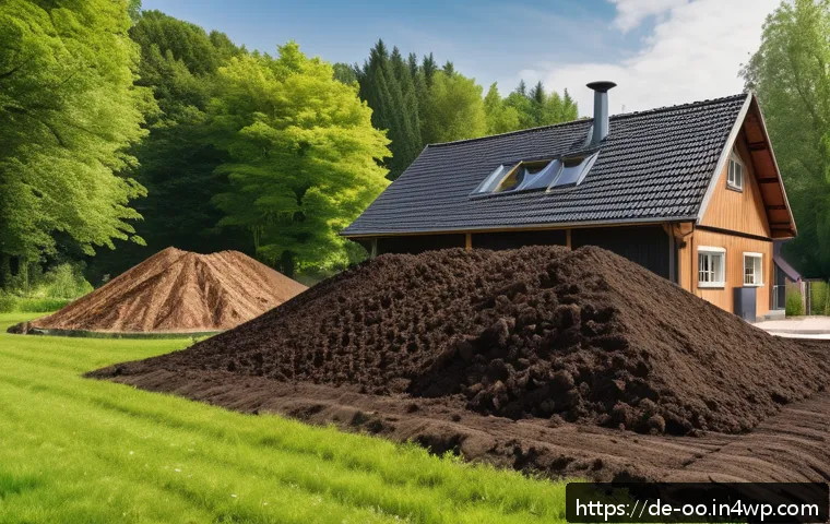 퇴비화 시스템의 지역적 특성 반영 방안 - A detailed outdoor scene of a Bavarian garden during spring, showcasing a large compost pile aerated...