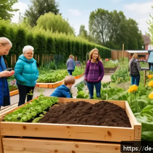 Home 30 퇴비화 시스템이 지역 환경에 미치는 영향 - A vibrant community garden scene in a German urban neighborhood during springtime, showing diverse a...