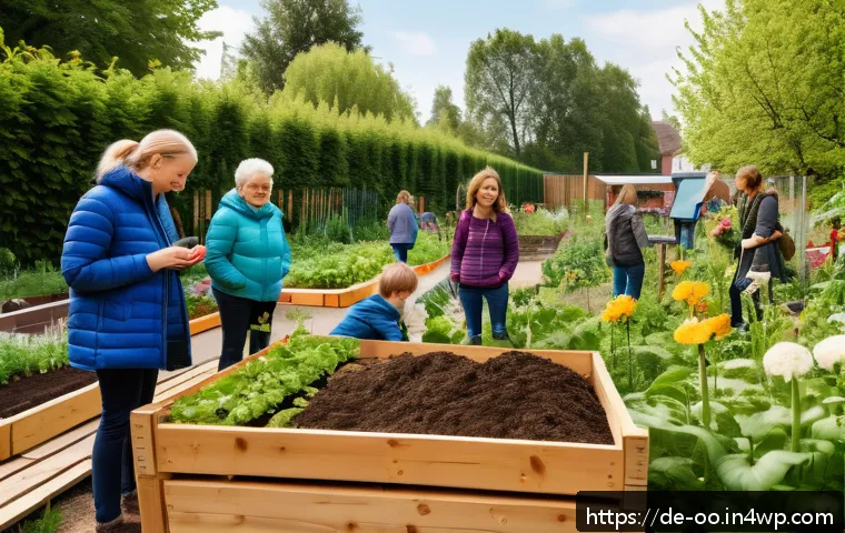 퇴비화 시스템이 지역 환경에 미치는 영향 - A vibrant community garden scene in a German urban neighborhood during springtime, showing diverse a...