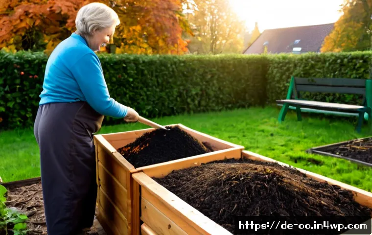퇴비화 시스템의 생태적 가치 - Photorealistic backyard composting system in a tidy German suburban garden, wooden compost bins with...