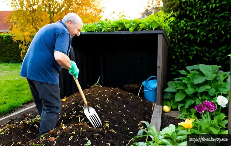Home 17 퇴비화 시스템과 생태환경 보호의 상관관계 - Photorealistic backyard composting system in a tidy German suburban garden, dark wooden compost bin ...