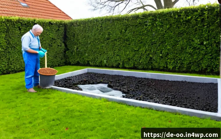 퇴비화 시스템 구축 시 발생할 수 있는 문제 - Photorealistic German backyard composting station after heavy rain, overflowing compost bin with dar...