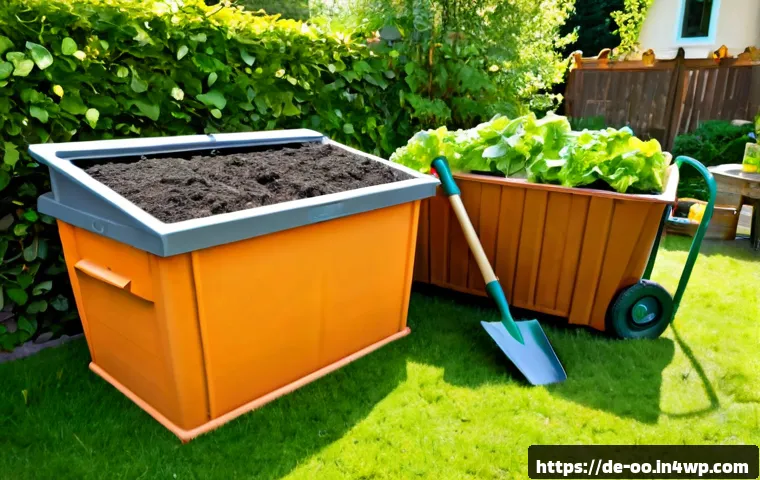 퇴비화 시스템 구축을 위한 필수 도구 - Photorealistic German backyard composting setup, three sturdy wooden compost bins beside a neat vege...